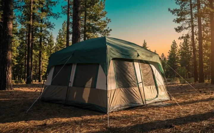Fully pitched cabin tent with taut rain fly and guylines at a forest campsite