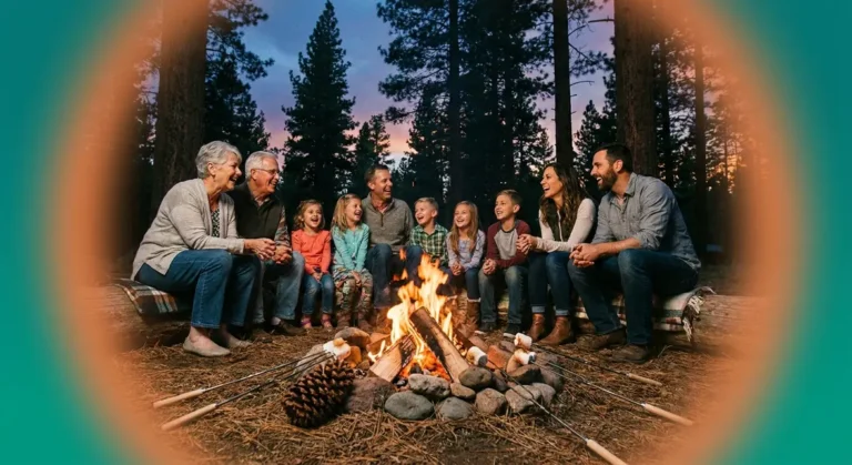 Multigenerational family laughing around a glowing campfire playing campfire games for all ages