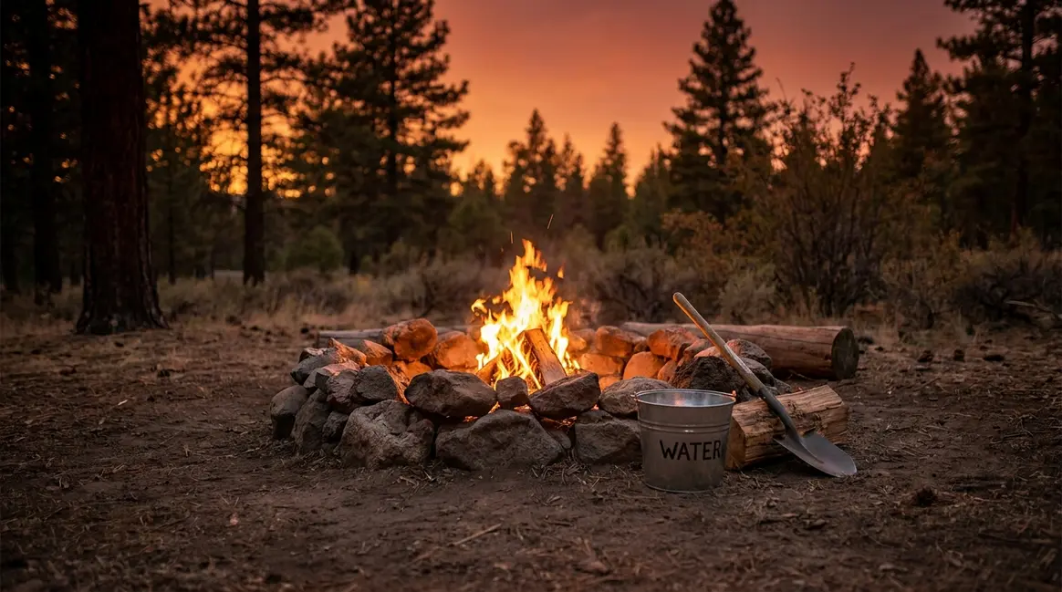 Campfire safety checklist showing contained fire ring with water bucket and shovel nearby at campsite