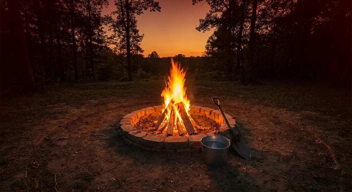 How to start a campfire safely with a teepee fire lay in a stone fire ring at a forest campsite
