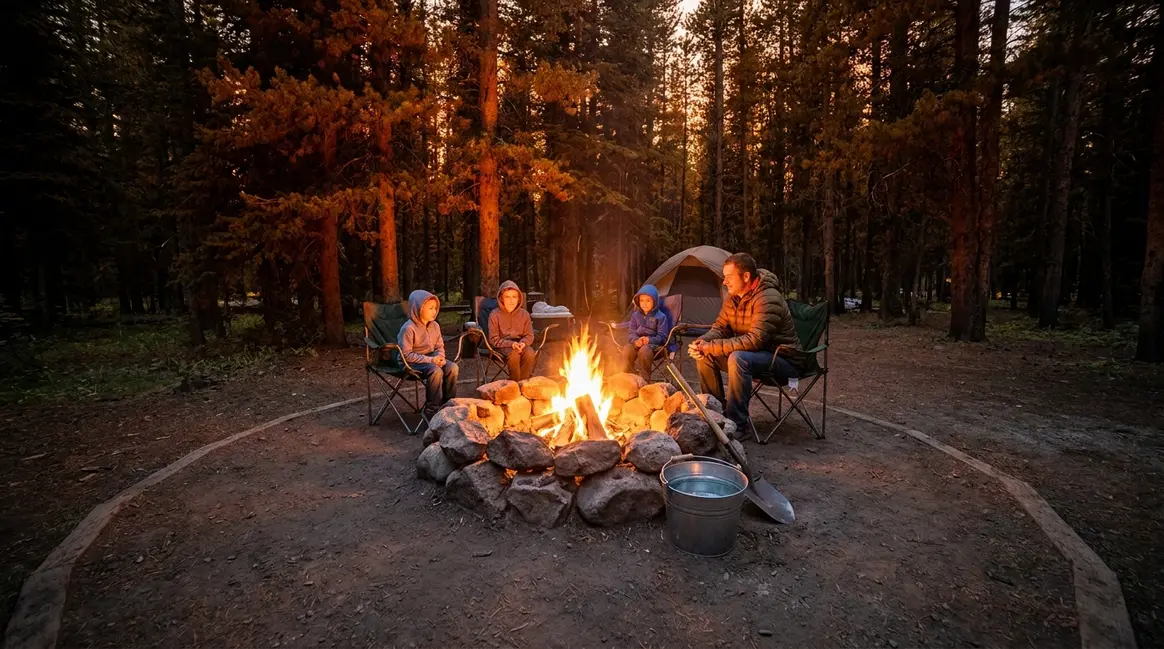 Campfire safety tips for campers showing family seated safely around a contained fire ring with water bucket nearby