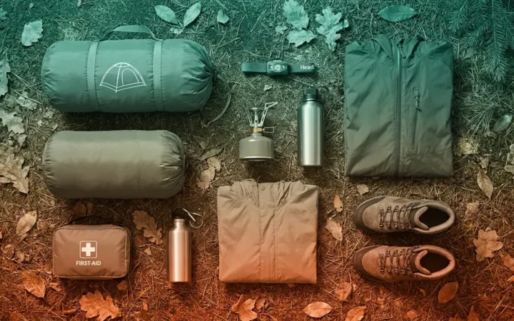 Complete camping checklist guide showing 100 plus must-have items laid out by category