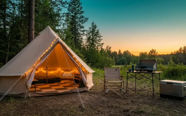 Cozy organized campsite with glowing tent and comfort setup for a better camping trip