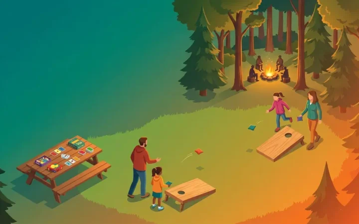 Families playing camping games for adults and kids at a forest campsite with cornhole and campfire