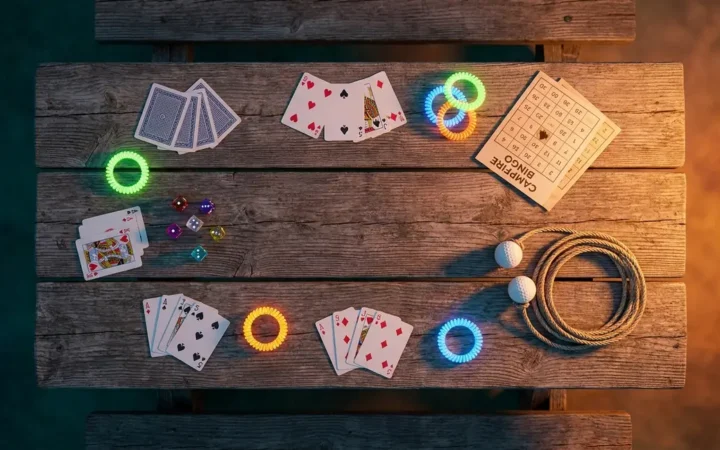 Camping games for adults and teens including cards, dice, glow bracelets and lawn game equipment at campsite