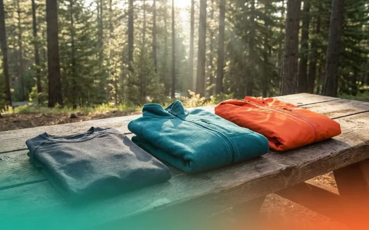 Camping gear layering system showing base layer mid layer and shell jacket on camp table