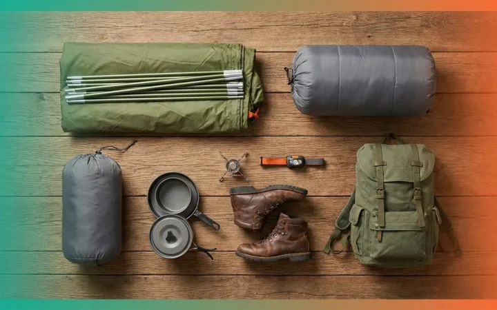Complete camping gear maintenance guide showing organized tent, sleeping bag, boots, and cookware