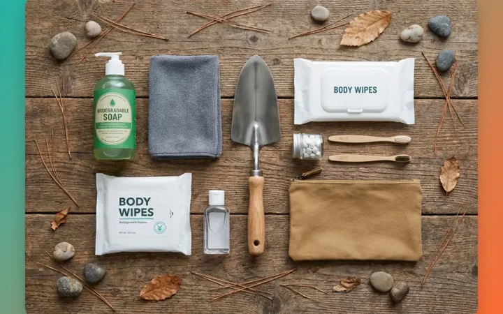 Camping hygiene tips kit flat-lay with trowel, wipes, biodegradable soap, and microfiber towel