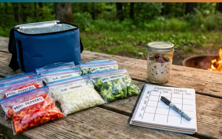 Camping meal prep tips flat-lay showing labelled freezer bags, cooler, and meal plan notebook outdoors