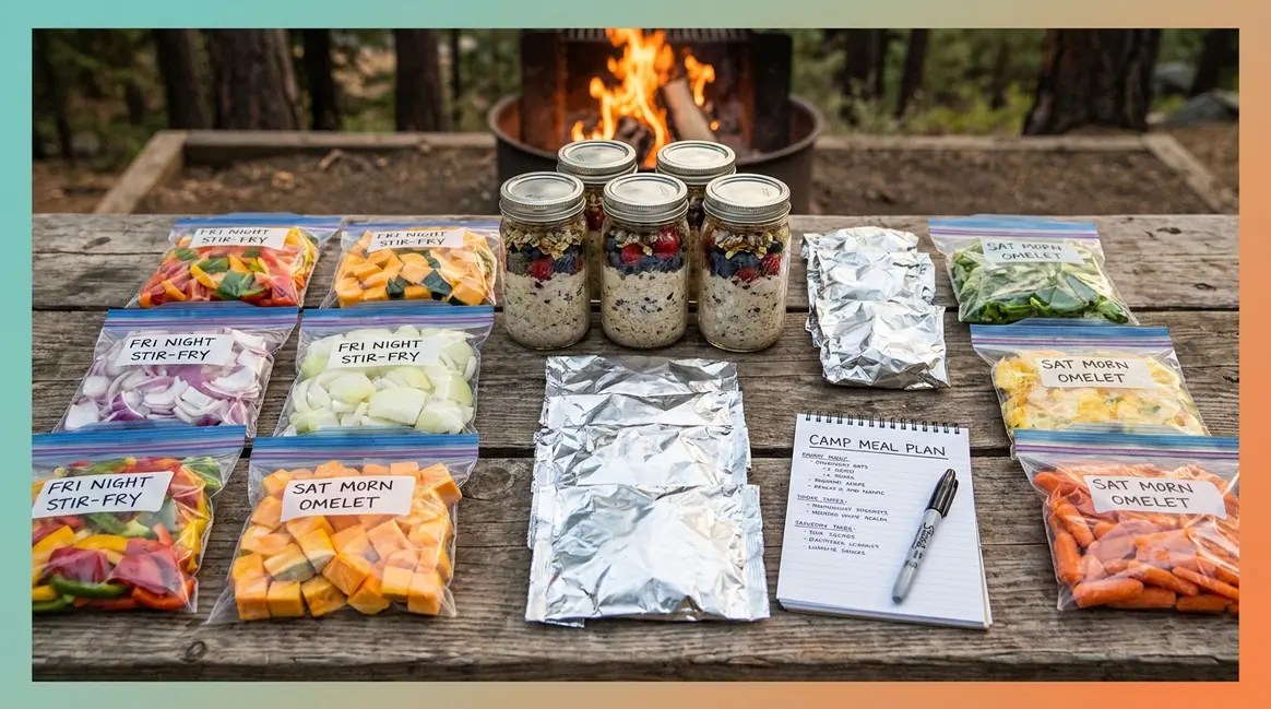 Camping meal prep tips setup with labeled bags, mason jars, and a handwritten meal plan on a picnic table