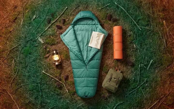 Camping sleep system guide showing sleeping bag, pad, and liner laid out together outdoors