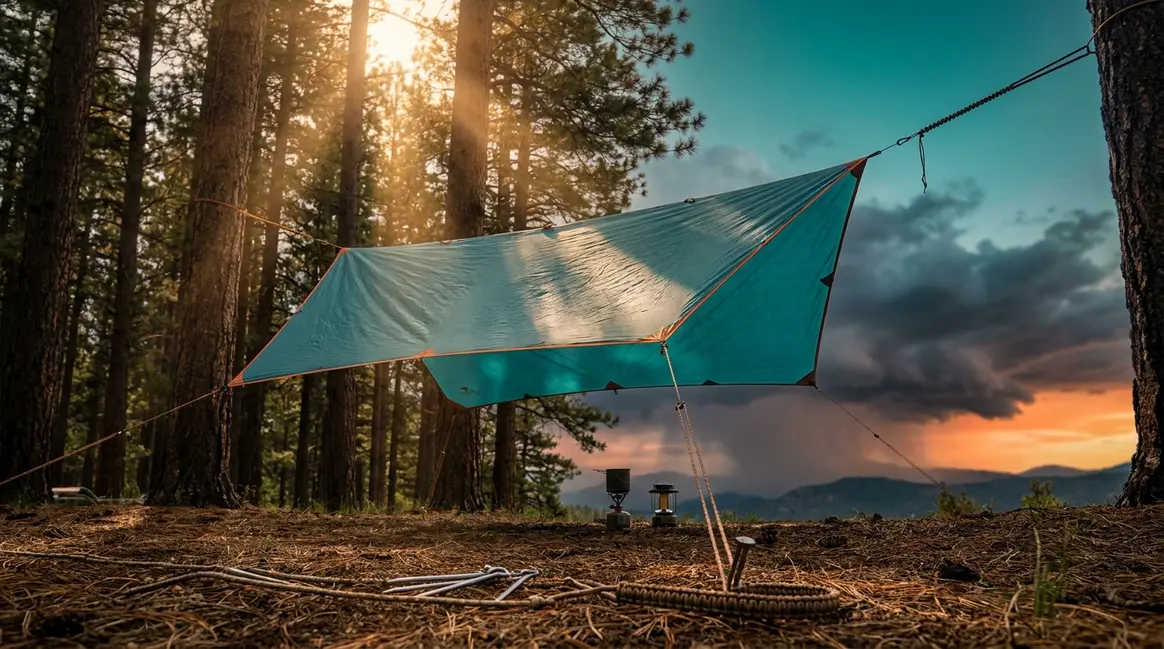 Complete camping tarp configurations guide showing A-Frame shelter pitched between pine trees in forest
