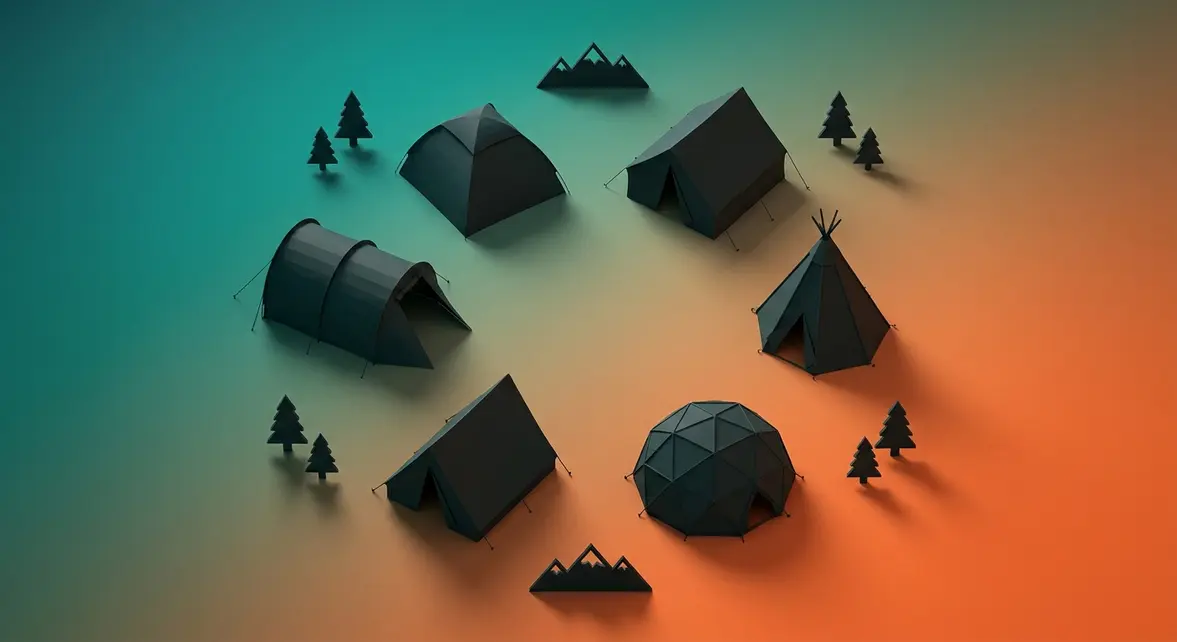 Six types of camping tents arranged overhead showing dome, cabin, teepee, tunnel, A-frame, and geodesic designs