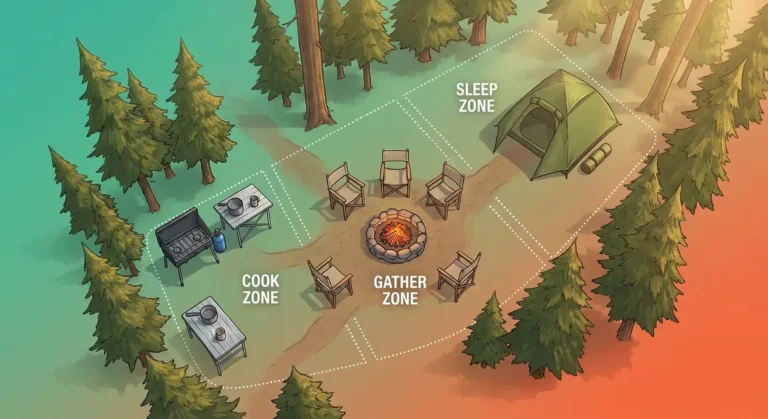 Campsite layout ideas overhead blueprint showing sleep cook and gather zones