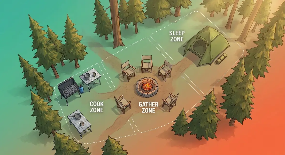 Campsite layout ideas overhead blueprint showing sleep cook and gather zones