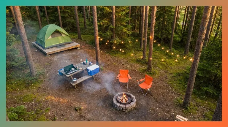 How to plan a campsite living area with three organized zones in a pine forest