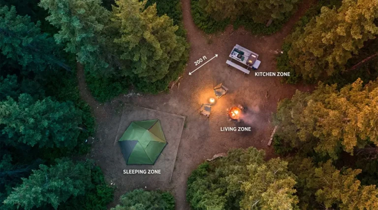 Campsite setup tips aerial view showing three organized zones in a forest clearing