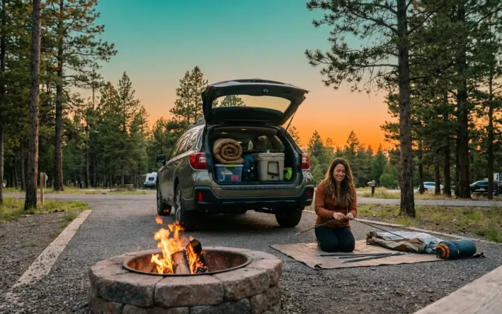 Beginner car camping setup at a developed campground with SUV and campfire at golden hour