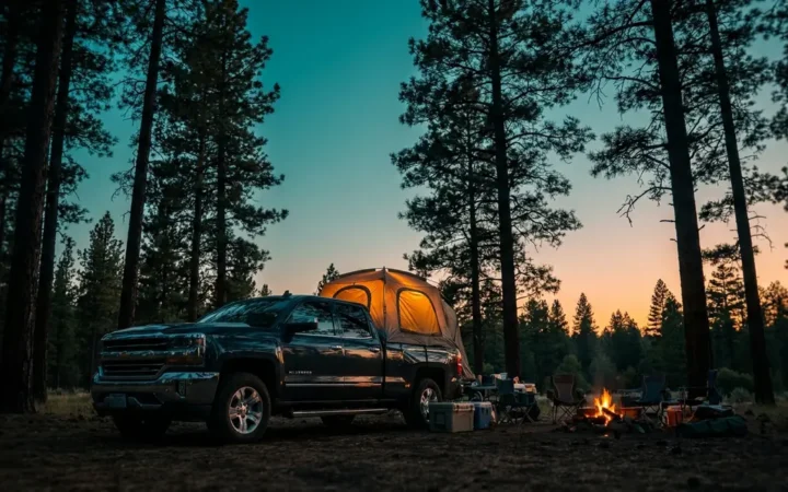 Best truck tent for Chevy Silverado set up at a forested campsite at dusk