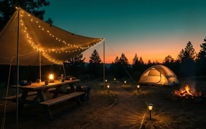 Creative ways to light your campsite showing fairy lights, lantern, and solar path lights at dusk