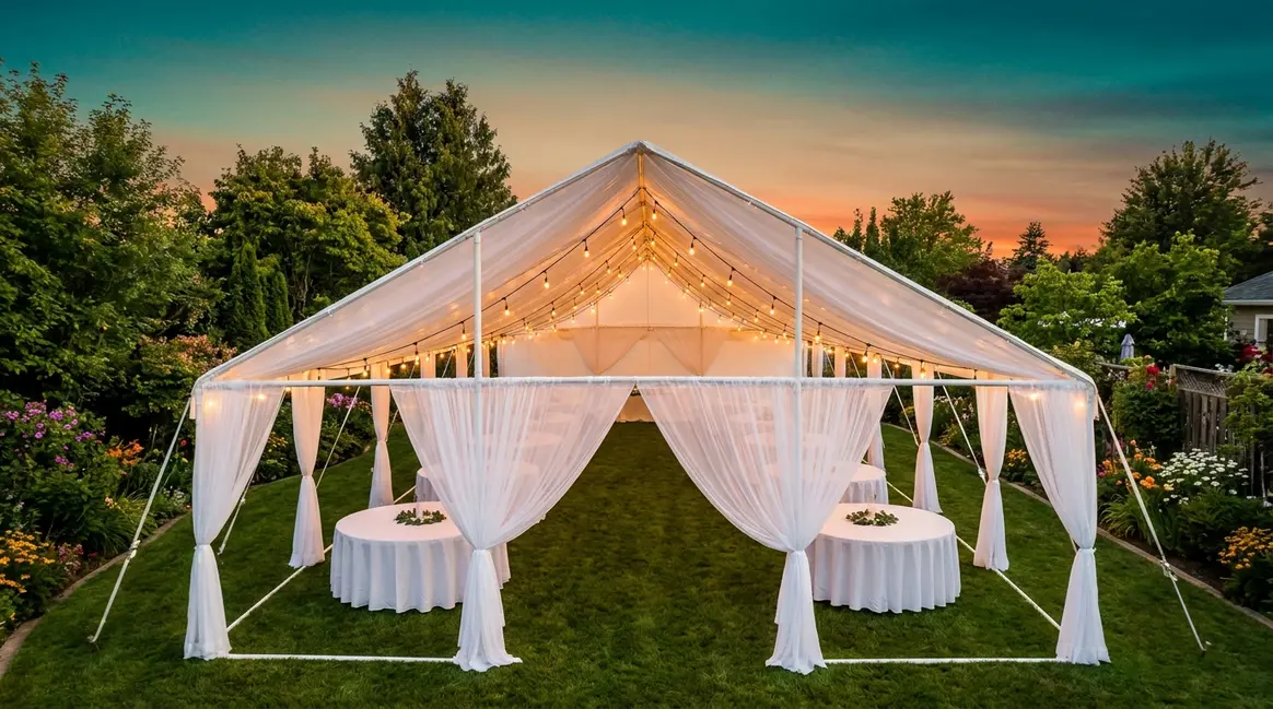 DIY wedding tent guide featuring a decorated backyard tent with Edison lights and chiffon draping