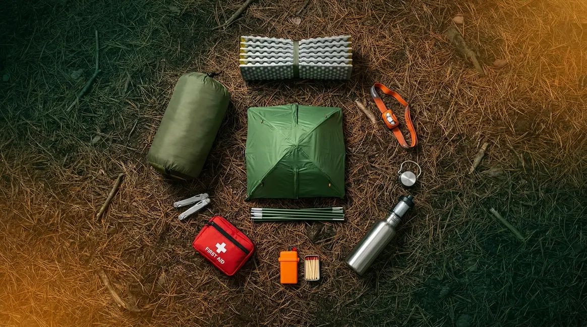 Essential camping gear flat-lay including tent, sleeping bag, headlamp, and fire starter on forest floor