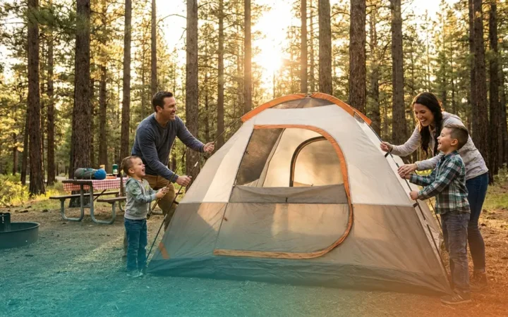 Family of four setting up a tent together at a forested campsite for their first camping trip