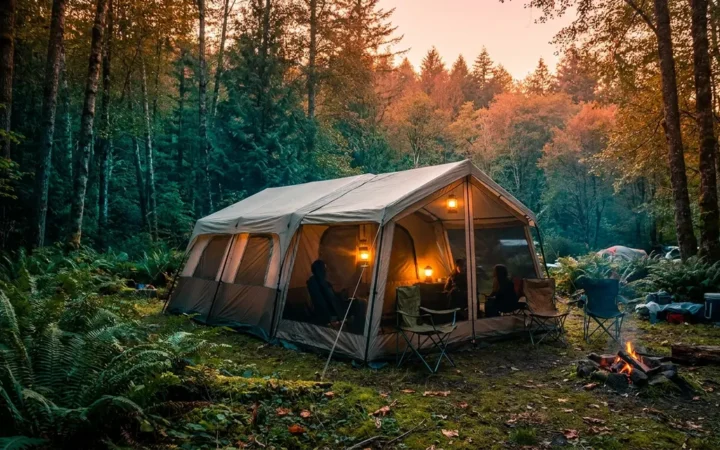 Best family tent with screened porch set up at a forest campsite at golden hour