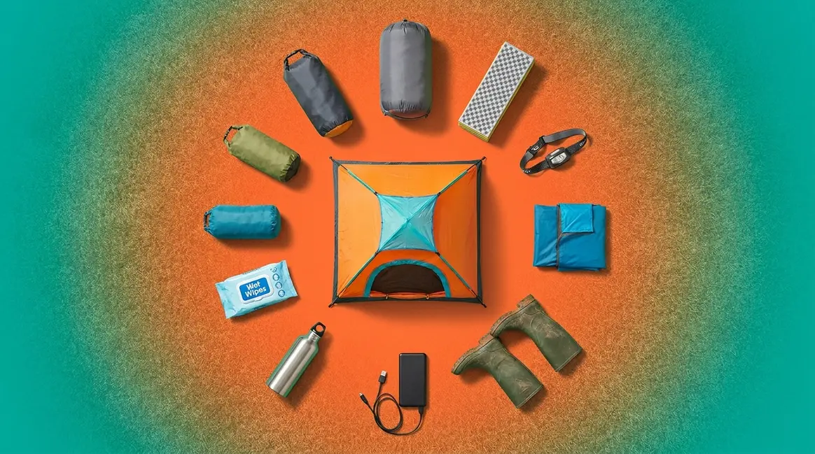 Festival camping essentials flat lay showing tent sleeping bag headlamp and power bank on grass