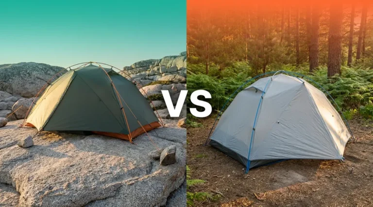 Freestanding vs semi-freestanding tent pitched side by side on rock slab and forest trail campsite