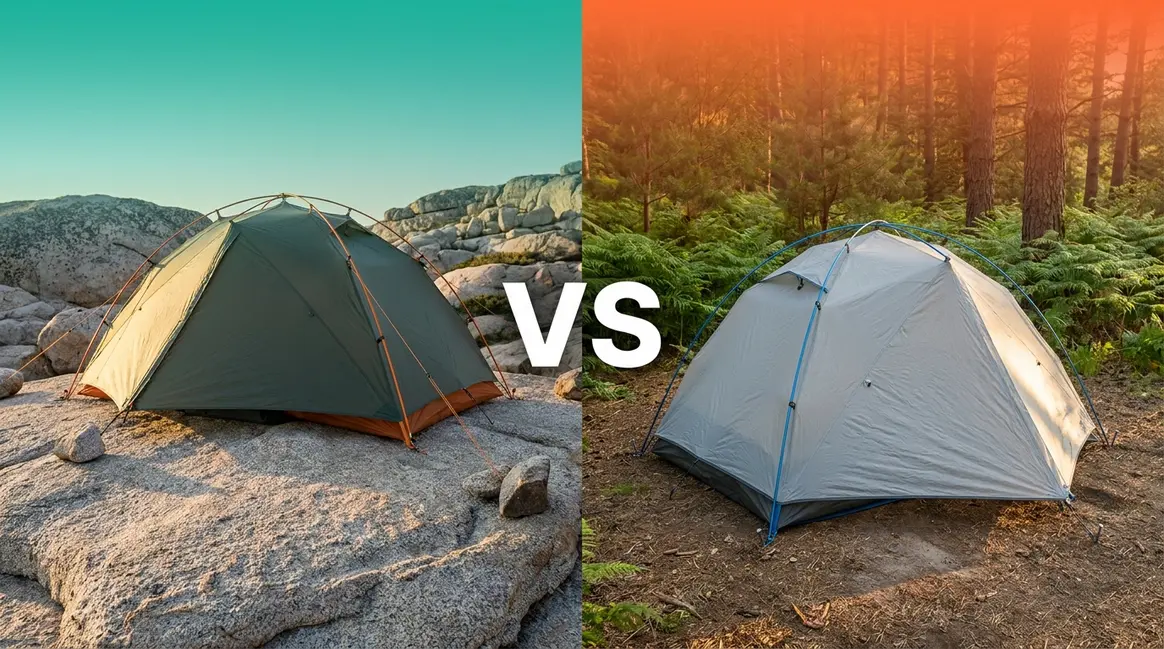 Freestanding vs semi-freestanding tent pitched side by side on rock slab and forest trail campsite
