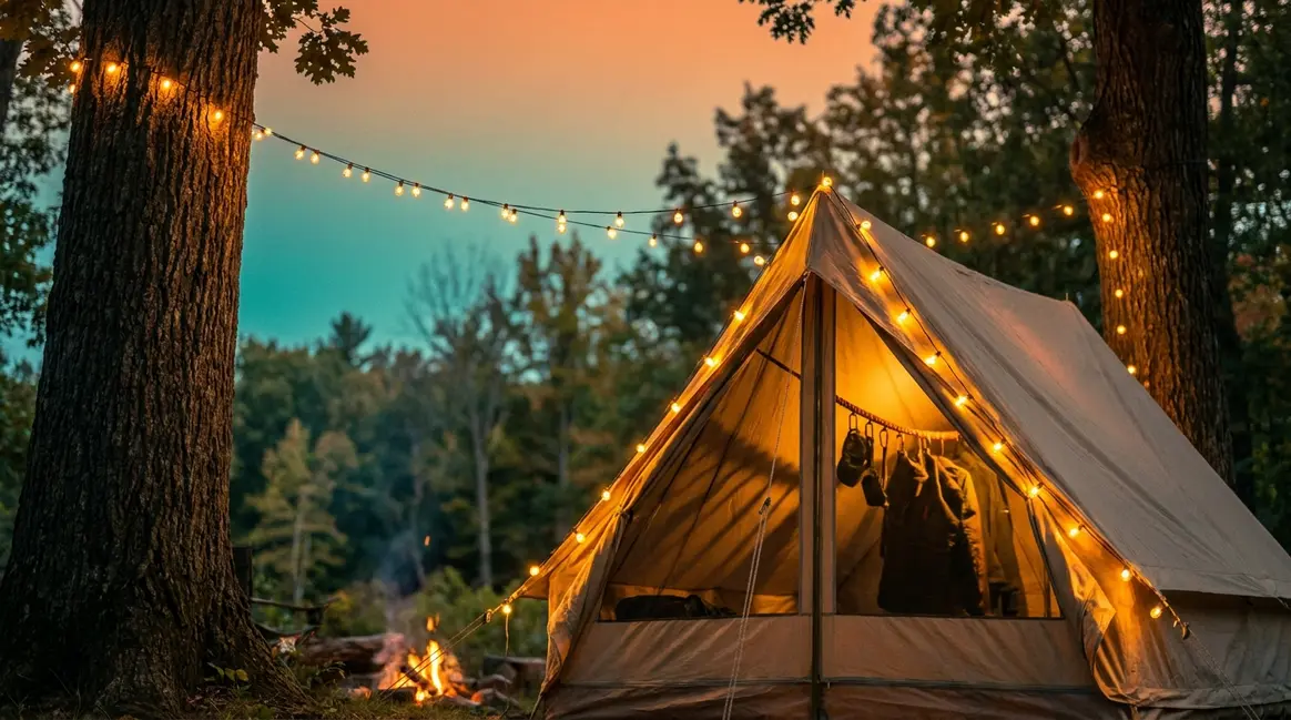 How to hang lights at a campsite with string lights strung between trees at dusk