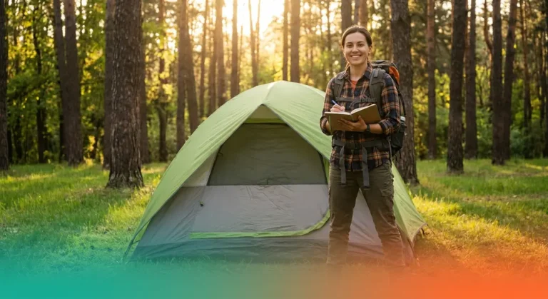 Beginner camper learning how to choose a tent for camping at a forest campsite