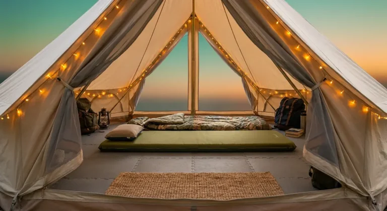 Cozy tent interior showing how to improve tent comfort with warm lighting and organized sleeping setup