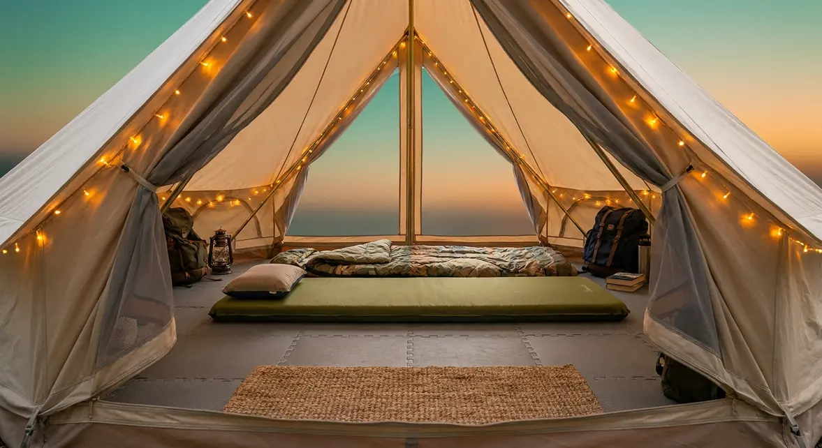 Cozy tent interior showing how to improve tent comfort with warm lighting and organized sleeping setup