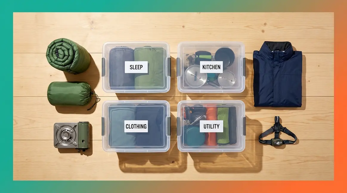 How to pack for camping using the Clear Bin System with four organized labeled storage bins