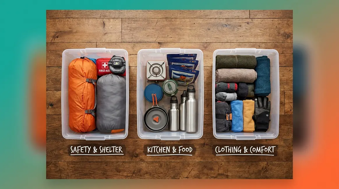 How to pack for a camping trip using the Three-Bin Method with organized gear bins