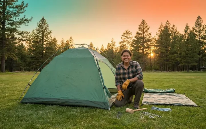 Beginner learning how to pitch a tent on flat ground in a forest campsite
