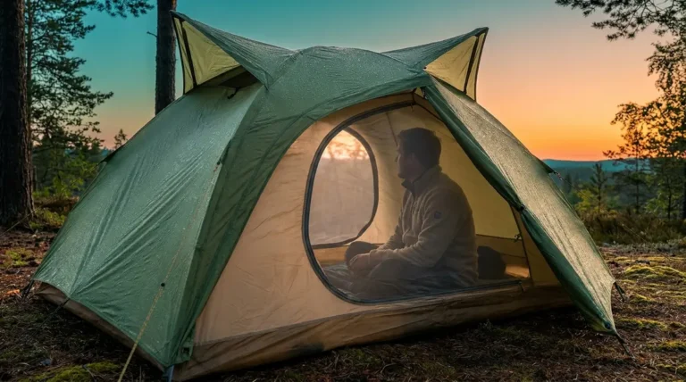 Camper inside a dry tent at dawn learning how to prevent tent condensation with open vents
