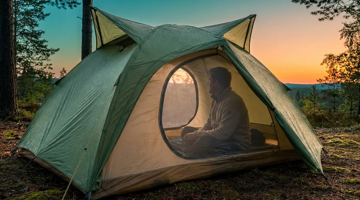 Camper inside a dry tent at dawn learning how to prevent tent condensation with open vents