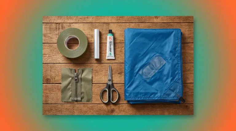 How to repair a tent — tools including Tenacious Tape, pole sleeve, and Seam Grip on wood surface