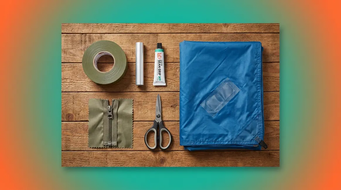 How to repair a tent — tools including Tenacious Tape, pole sleeve, and Seam Grip on wood surface