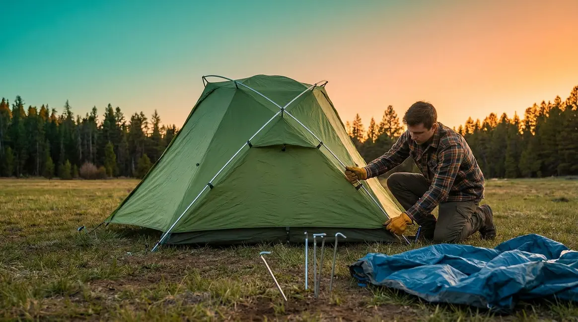 How to set up a tent — beginner pitching a dome tent on flat grassy ground at golden hour