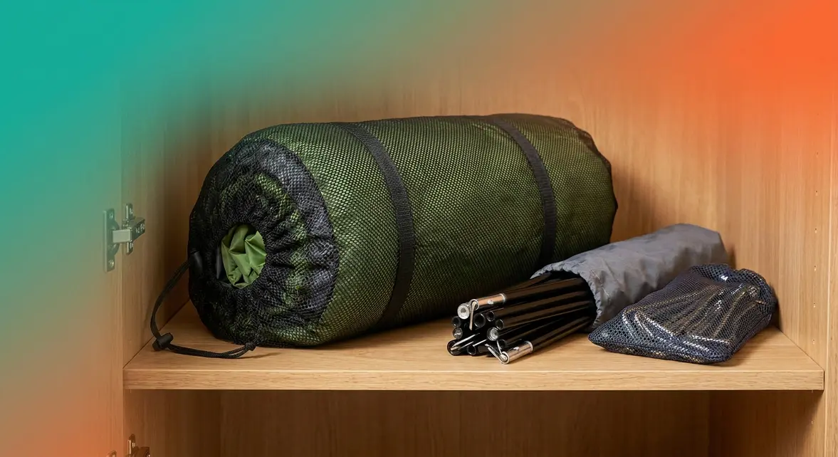 How to store a tent properly — mesh bag on closet shelf with poles and stakes organized