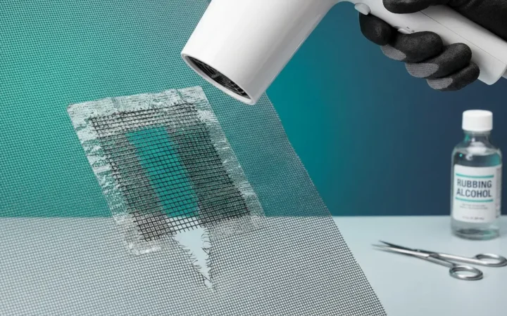 Insect screen repair patch being applied to torn window screen with hair dryer heat activation