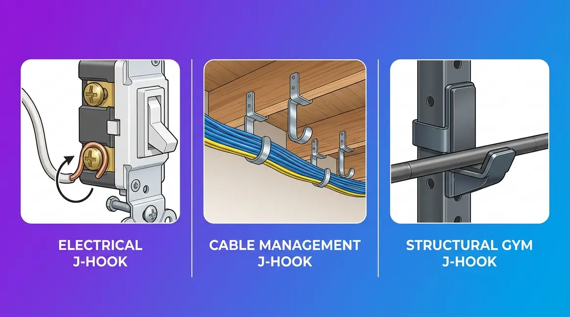 J-hook inner connection setup guide showing electrical terminal, cable management, and structural mount types