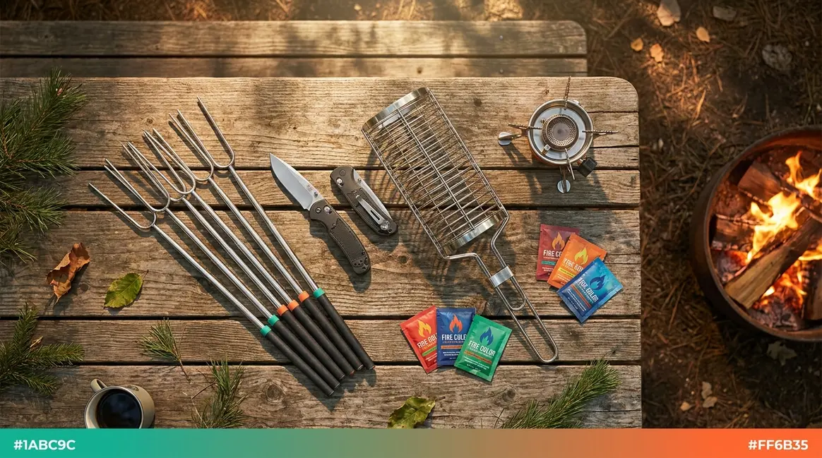 Must-have camping accessories flat-lay including roasting sticks, grill basket, camp stove, and folding knife on a forest picnic table