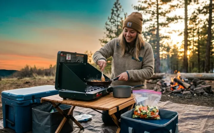 Beginner camper cooking on a propane camp stove at a forest campsite at golden hour