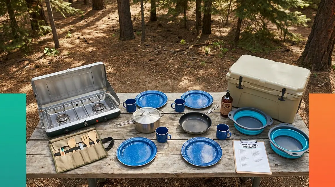 Outdoor cooking checklist for camping laid out on a picnic table with camp stove, cookware, and cooler