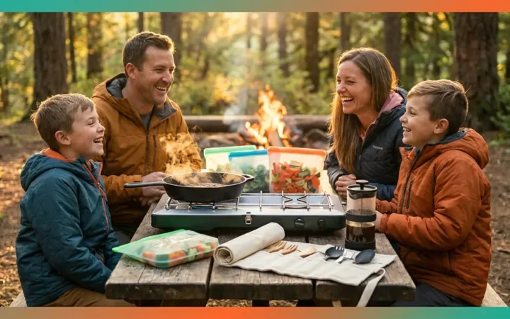 Family using outdoor cooking tips for campers at a forest campsite with camp stove